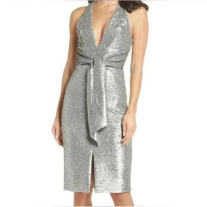 Harlyn Plunge-Neck Silver Sequined Dress, size 12